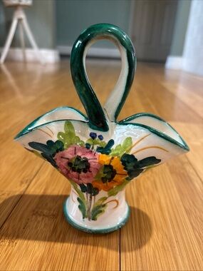 Vintage Ceramic Hand Painted Floral Basket with Handle Made in Italy